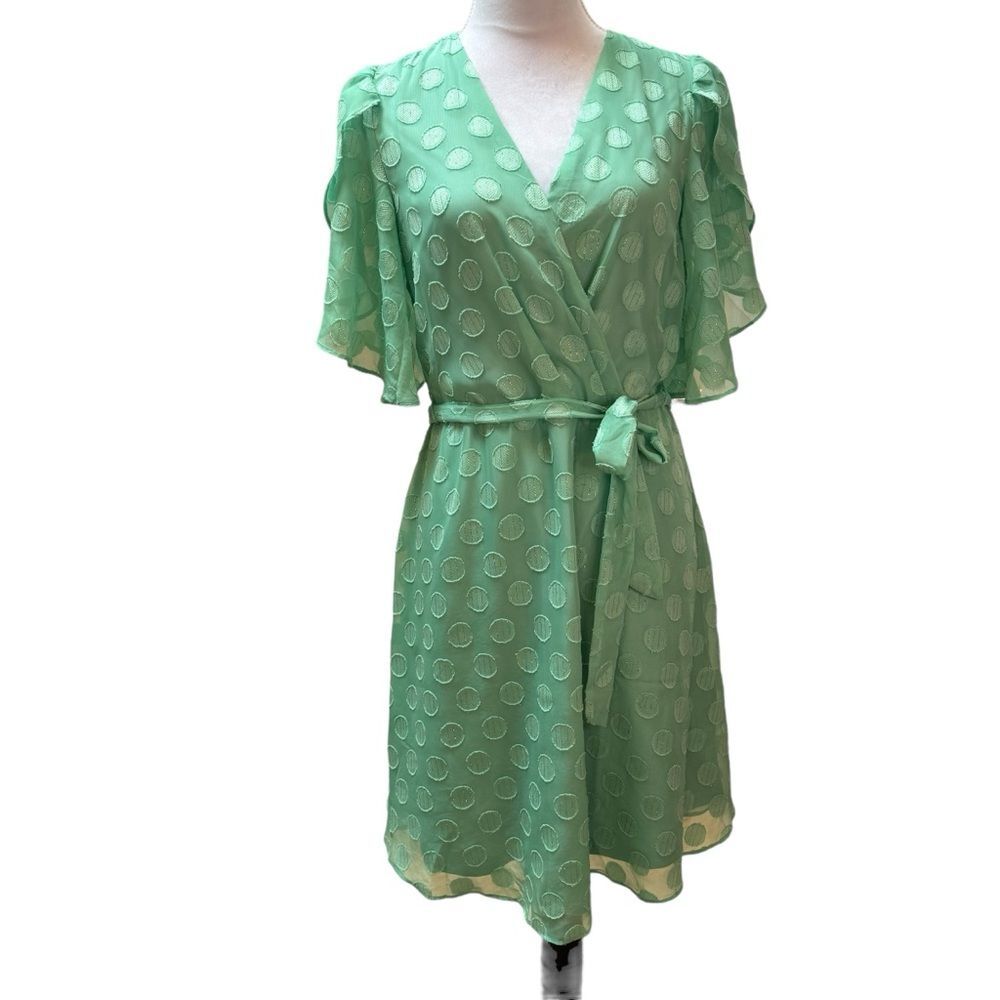 Mint Green Polka Dot Wrap Dress with Ruffle Sleeves‎ and Tie Belt